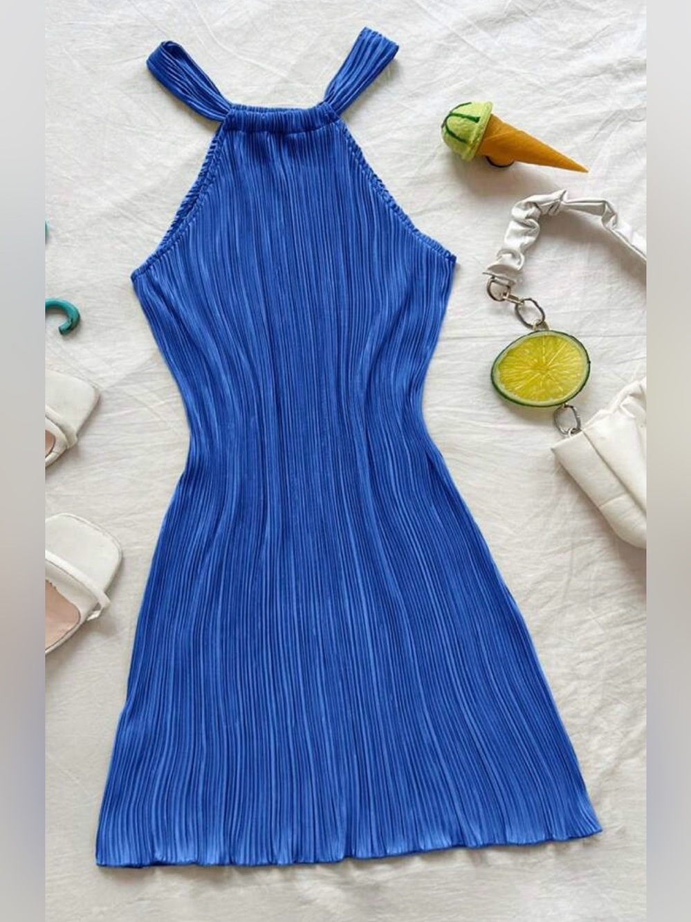 Blue Pleated Halter Midi Dress